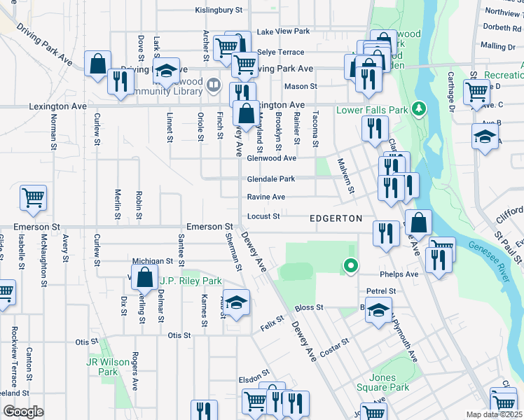 map of restaurants, bars, coffee shops, grocery stores, and more near 96 Locust Street in Rochester