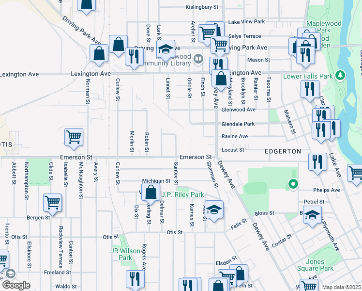 map of restaurants, bars, coffee shops, grocery stores, and more near 258 Santee Street in Rochester