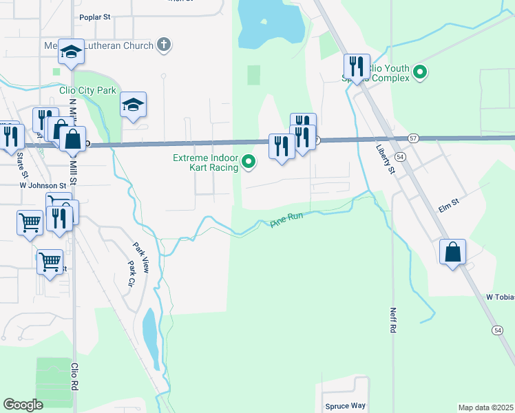 map of restaurants, bars, coffee shops, grocery stores, and more near 2104 Plaza Drive in Clio