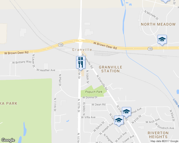 map of restaurants, bars, coffee shops, grocery stores, and more near 8626 North 106th Street in Milwaukee