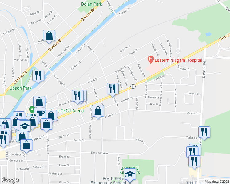 map of restaurants, bars, coffee shops, grocery stores, and more near 343 East Avenue in Lockport