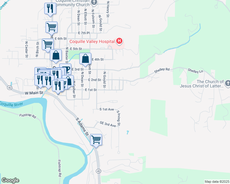 map of restaurants, bars, coffee shops, grocery stores, and more near 805 East 1st Street in Coquille