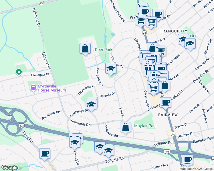 map of restaurants, bars, coffee shops, grocery stores, and more near 12 Deerpark Avenue in Brantford