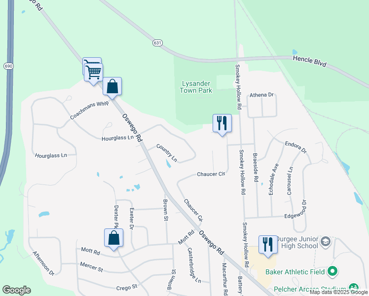 map of restaurants, bars, coffee shops, grocery stores, and more near 2522 Country Lane in Baldwinsville