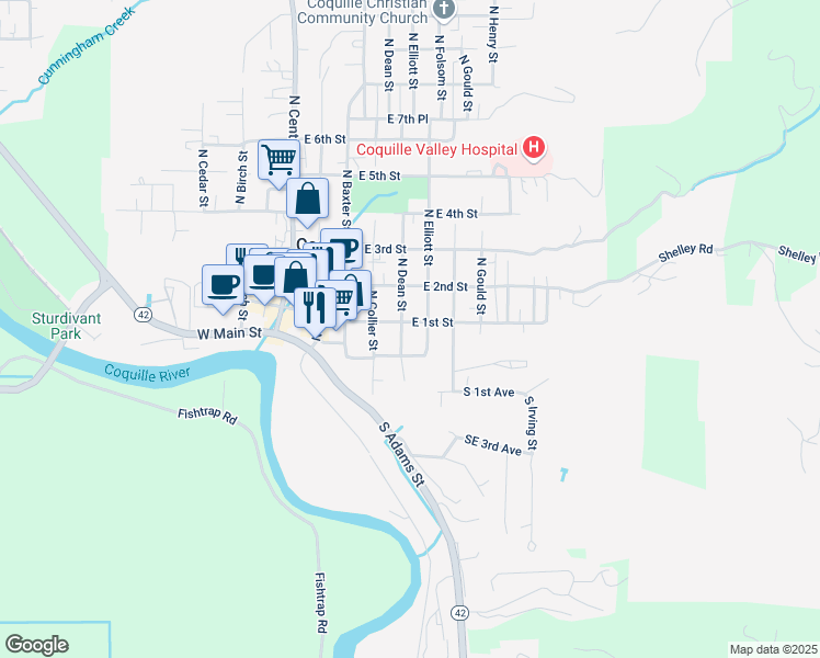 map of restaurants, bars, coffee shops, grocery stores, and more near 86 North Dean Street in Coquille