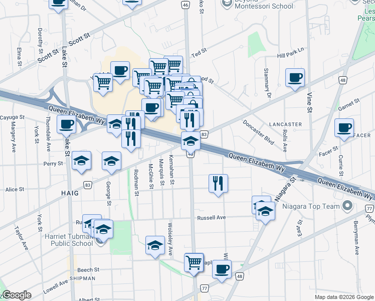 map of restaurants, bars, coffee shops, grocery stores, and more near 243 Geneva Street in St. Catharines