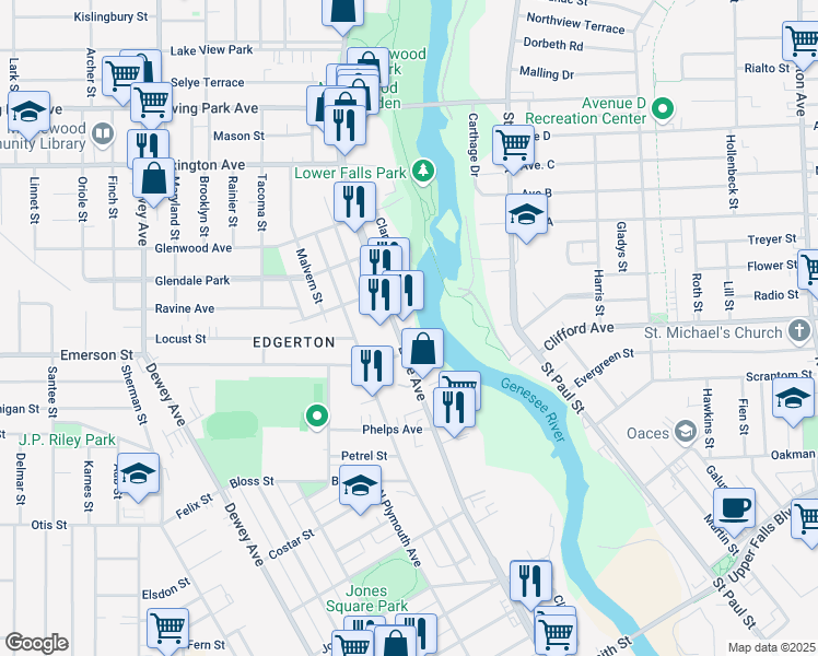 map of restaurants, bars, coffee shops, grocery stores, and more near 532 Lake Avenue in Rochester