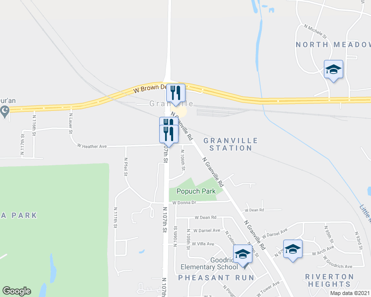 map of restaurants, bars, coffee shops, grocery stores, and more near 8636 North 106th Street in Milwaukee