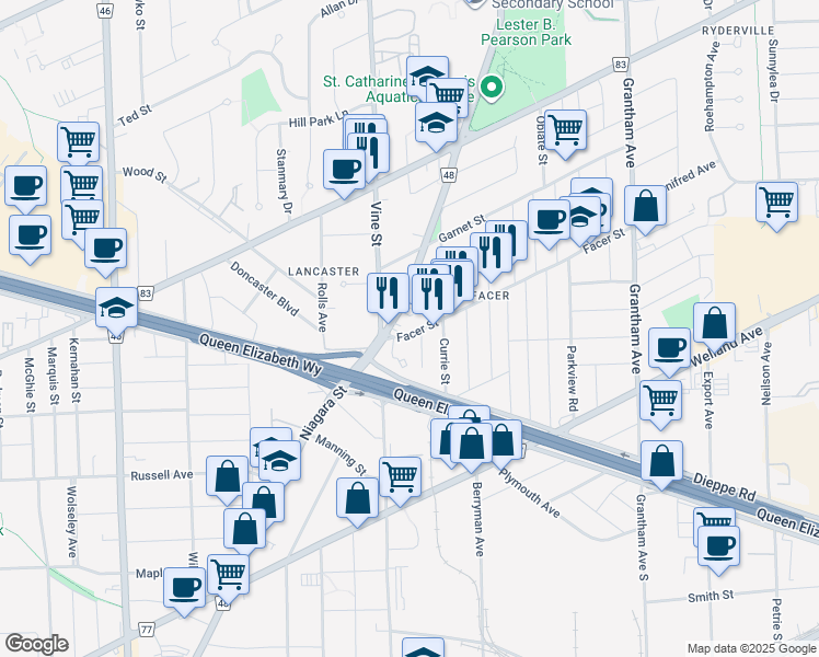 map of restaurants, bars, coffee shops, grocery stores, and more near 7 Facer Street in St. Catharines