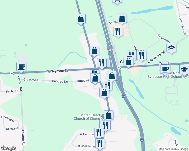 map of restaurants, bars, coffee shops, grocery stores, and more near 8347 U.S. 11 in Cicero