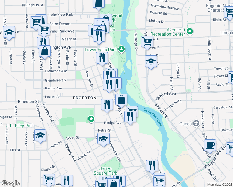 map of restaurants, bars, coffee shops, grocery stores, and more near 532 Lake Avenue in Rochester