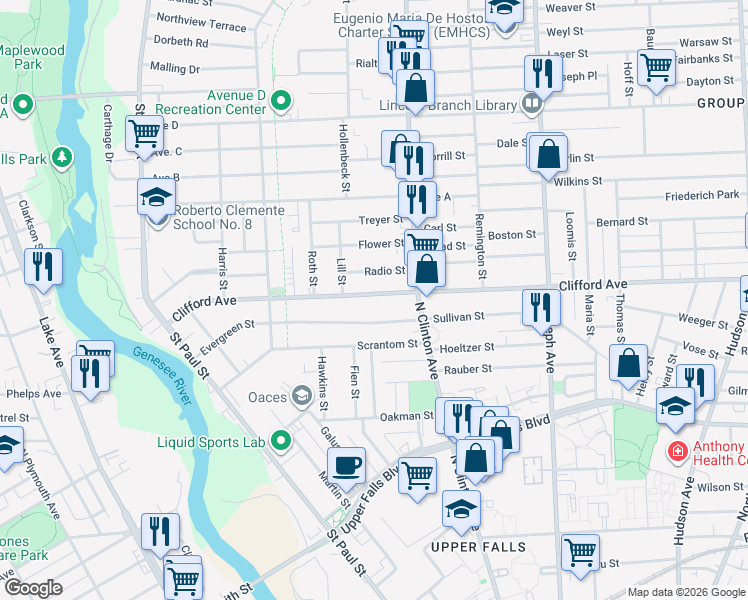 map of restaurants, bars, coffee shops, grocery stores, and more near 355 Clifford Avenue in Rochester