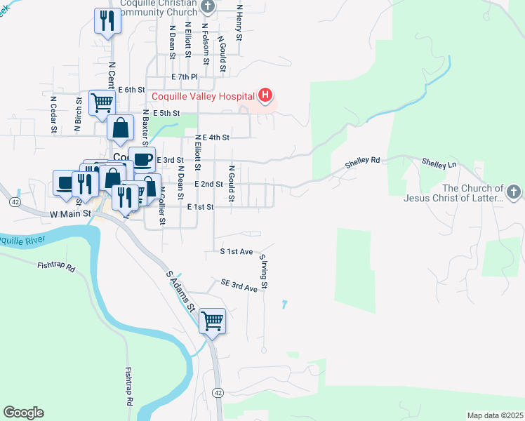 map of restaurants, bars, coffee shops, grocery stores, and more near 905 East 1st Street in Coquille