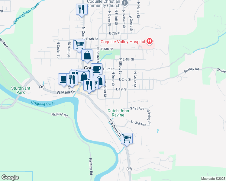 map of restaurants, bars, coffee shops, grocery stores, and more near 86 North Dean Street in Coquille