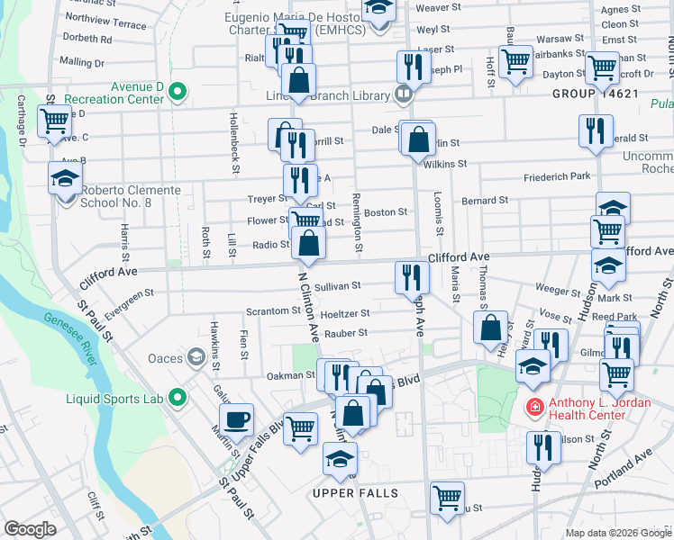 map of restaurants, bars, coffee shops, grocery stores, and more near 447 Clifford Avenue in Rochester