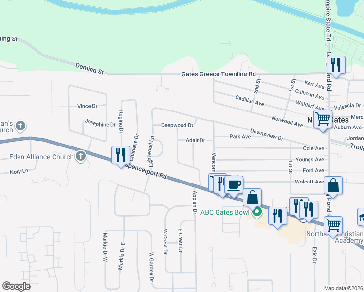 map of restaurants, bars, coffee shops, grocery stores, and more near 29 Bobbie Drive in Rochester