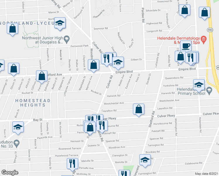 map of restaurants, bars, coffee shops, grocery stores, and more near 1592 Culver Road in Rochester