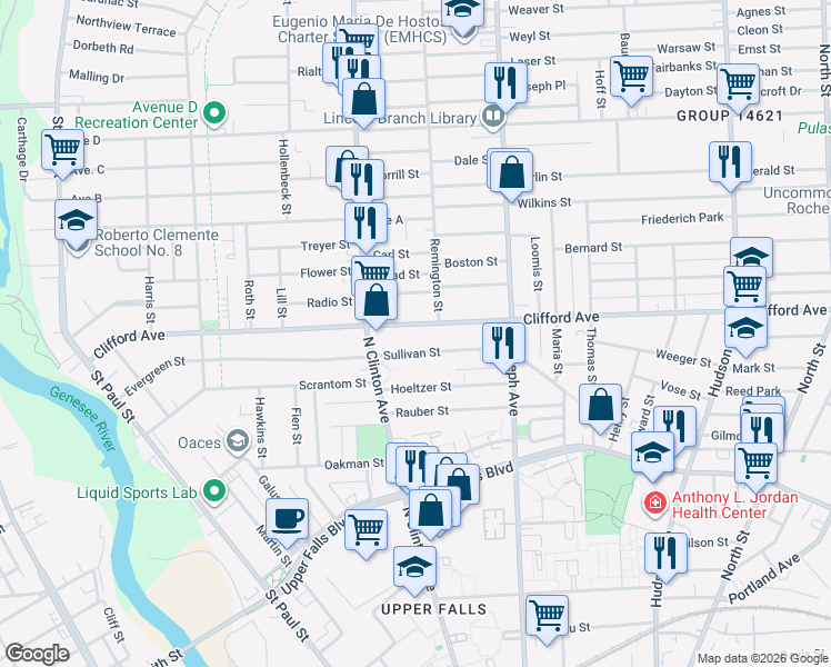 map of restaurants, bars, coffee shops, grocery stores, and more near 447 Clifford Avenue in Rochester