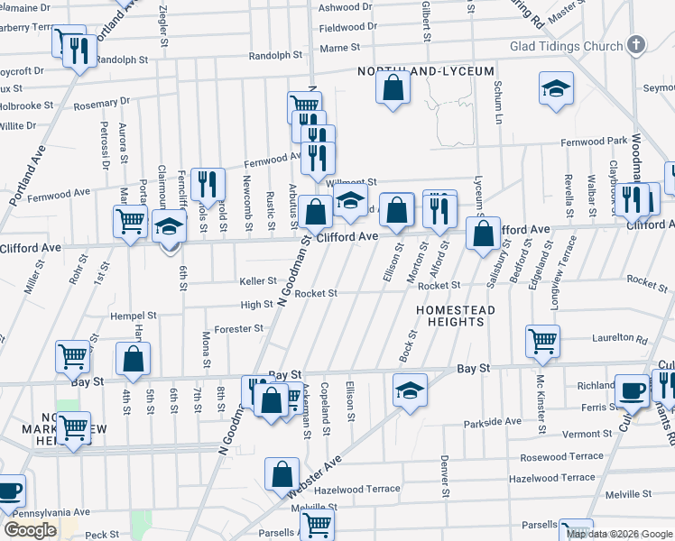 map of restaurants, bars, coffee shops, grocery stores, and more near 184 Baycliff Drive in Rochester