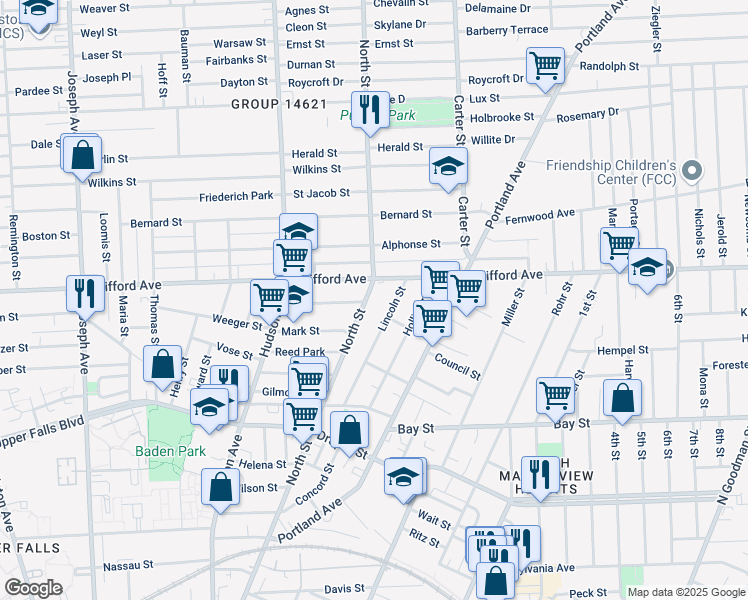 map of restaurants, bars, coffee shops, grocery stores, and more near 159 Lincoln Street in Rochester