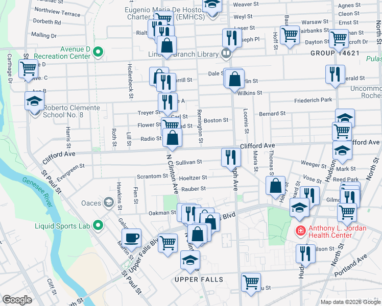 map of restaurants, bars, coffee shops, grocery stores, and more near 447 Clifford Avenue in Rochester