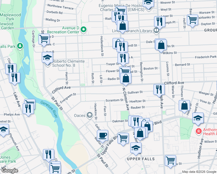 map of restaurants, bars, coffee shops, grocery stores, and more near 293 Clifford Avenue in Rochester