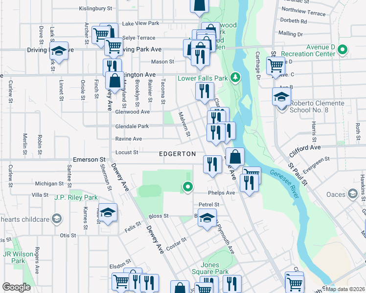 map of restaurants, bars, coffee shops, grocery stores, and more near 18 Locust Street in Rochester