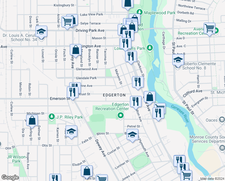 map of restaurants, bars, coffee shops, grocery stores, and more near 36 Locust Street in Rochester