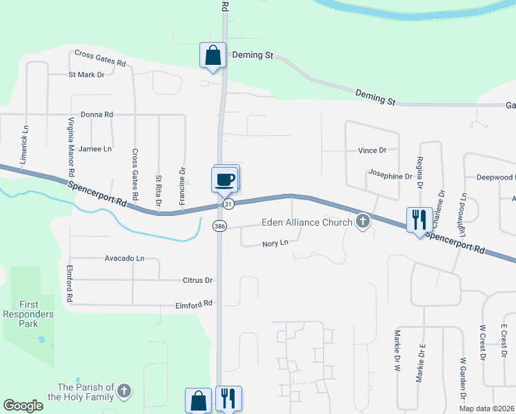 map of restaurants, bars, coffee shops, grocery stores, and more near 1487 Spencerport Road in Rochester