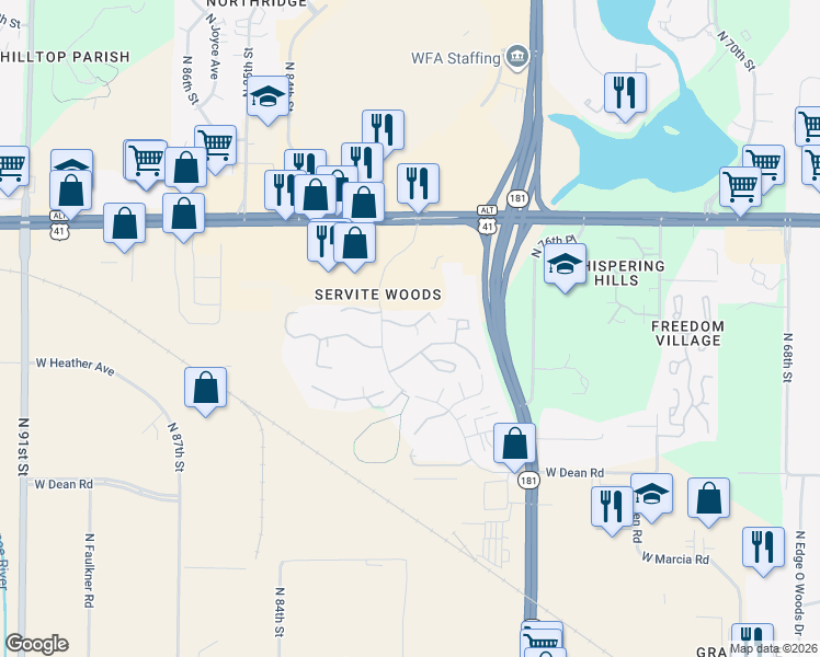 map of restaurants, bars, coffee shops, grocery stores, and more near 8606 North Servite Drive in Milwaukee