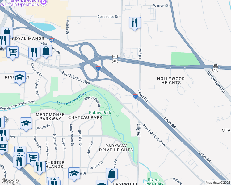 map of restaurants, bars, coffee shops, grocery stores, and more near N86W14324 West Fond Du Lac Avenue in Menomonee Falls