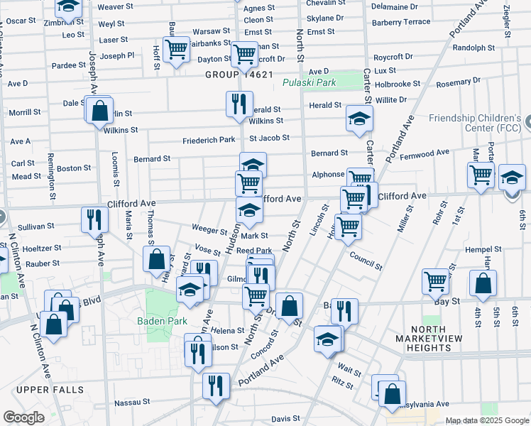 map of restaurants, bars, coffee shops, grocery stores, and more near 54 Watkin Terrace in Rochester