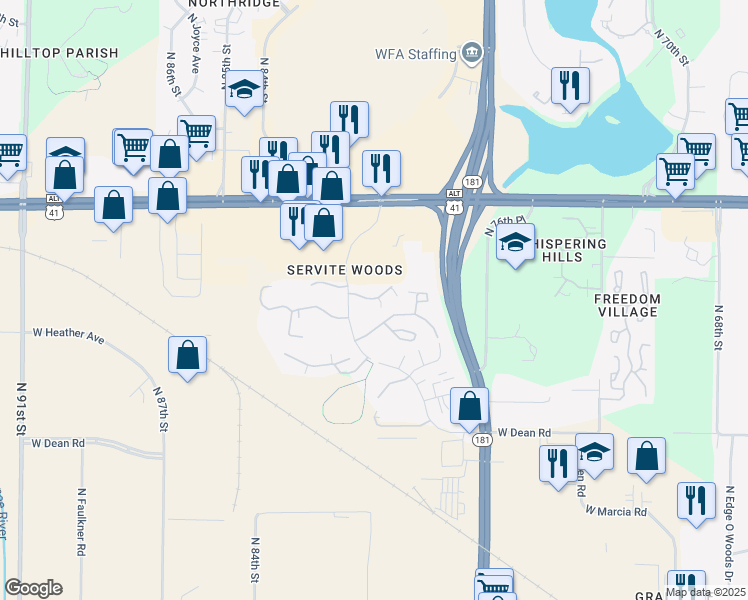 map of restaurants, bars, coffee shops, grocery stores, and more near 8606 North Servite Drive in Milwaukee