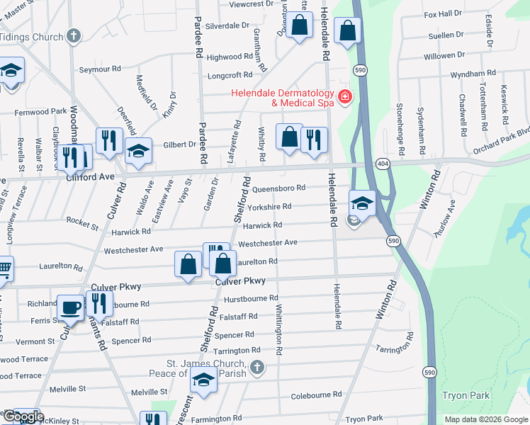 map of restaurants, bars, coffee shops, grocery stores, and more near 360 Harwick Road in Irondequoit