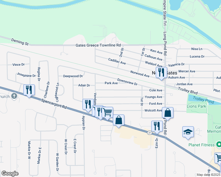 map of restaurants, bars, coffee shops, grocery stores, and more near 274 Cole Avenue in Rochester