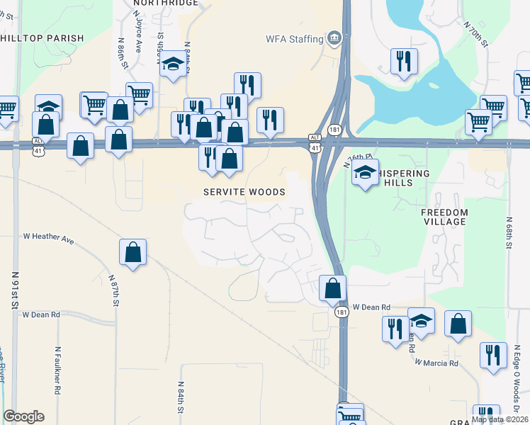 map of restaurants, bars, coffee shops, grocery stores, and more near 8634 North Servite Drive in Milwaukee