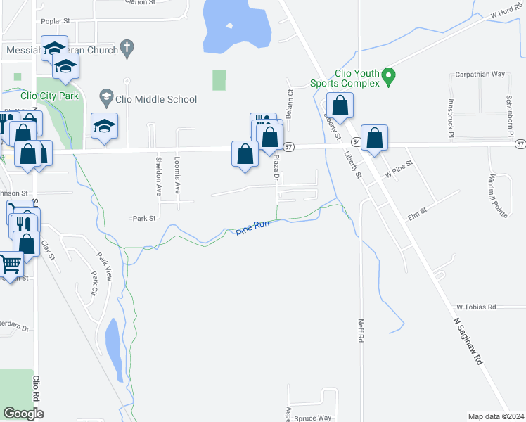 map of restaurants, bars, coffee shops, grocery stores, and more near 11535 Plaza Drive in Clio