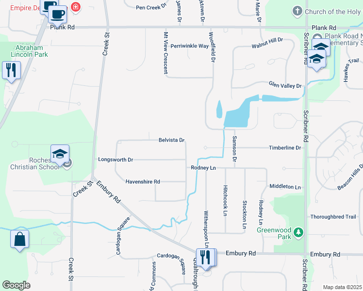 map of restaurants, bars, coffee shops, grocery stores, and more near 185 Belvista Drive in Rochester