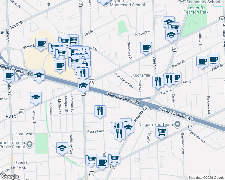 map of restaurants, bars, coffee shops, grocery stores, and more near in St. Catharines