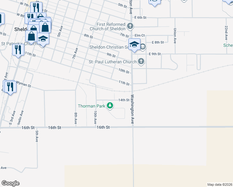 map of restaurants, bars, coffee shops, grocery stores, and more near 1301 South 12th Avenue in Sheldon