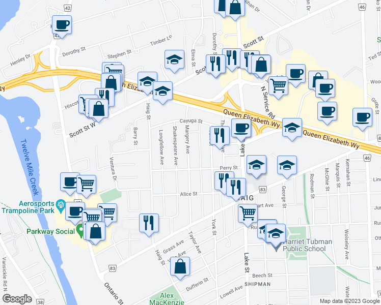 map of restaurants, bars, coffee shops, grocery stores, and more near 76 Margery Avenue in Saint Catharines