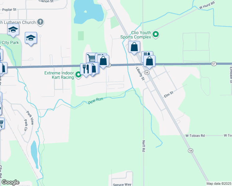 map of restaurants, bars, coffee shops, grocery stores, and more near 11650 Plaza Drive in Clio