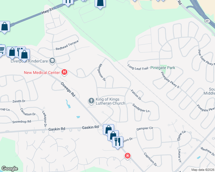 map of restaurants, bars, coffee shops, grocery stores, and more near 8447 Falcon Drive in Liverpool