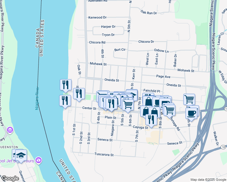 map of restaurants, bars, coffee shops, grocery stores, and more near 450 Onondaga Street in Lewiston