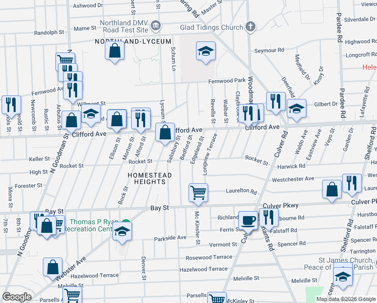 map of restaurants, bars, coffee shops, grocery stores, and more near 147 Bedford Street in Rochester