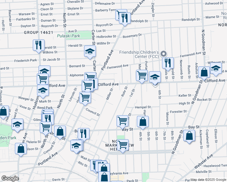 map of restaurants, bars, coffee shops, grocery stores, and more near 74 Miller Street in Rochester