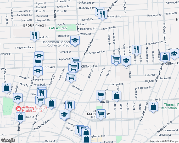 map of restaurants, bars, coffee shops, grocery stores, and more near 74 Miller Street in Rochester
