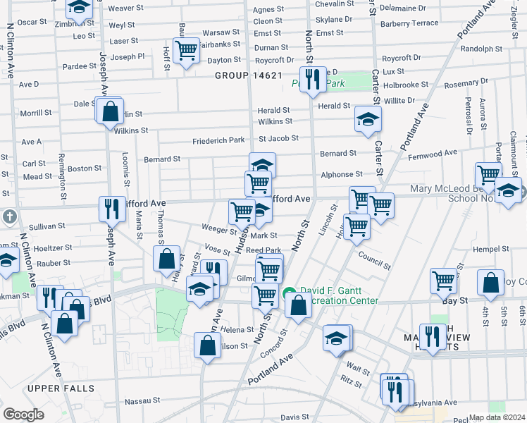 map of restaurants, bars, coffee shops, grocery stores, and more near 33 Watkin Terrace in Rochester