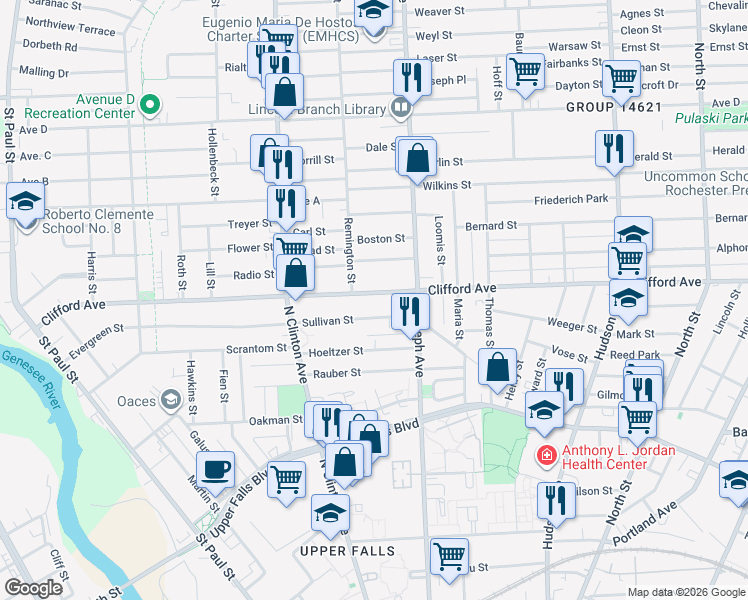 map of restaurants, bars, coffee shops, grocery stores, and more near 44 Sullivan Street in Rochester