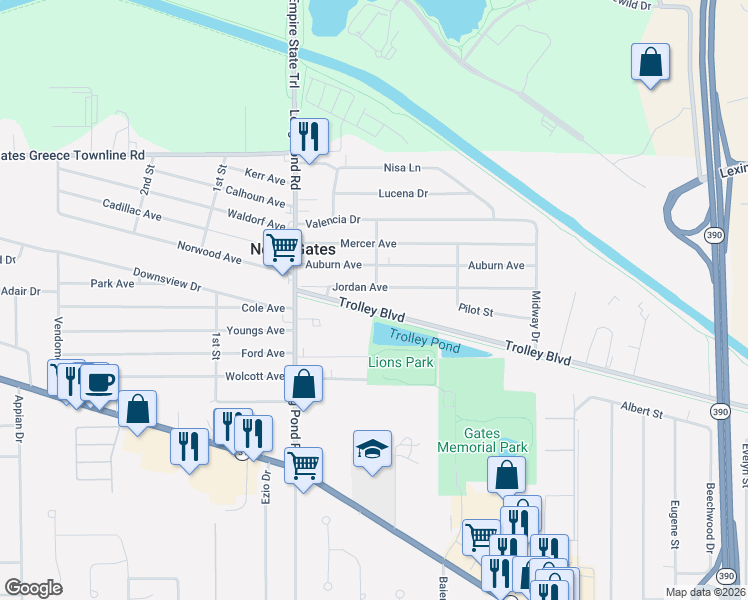 map of restaurants, bars, coffee shops, grocery stores, and more near 914 Trolley Boulevard in Rochester